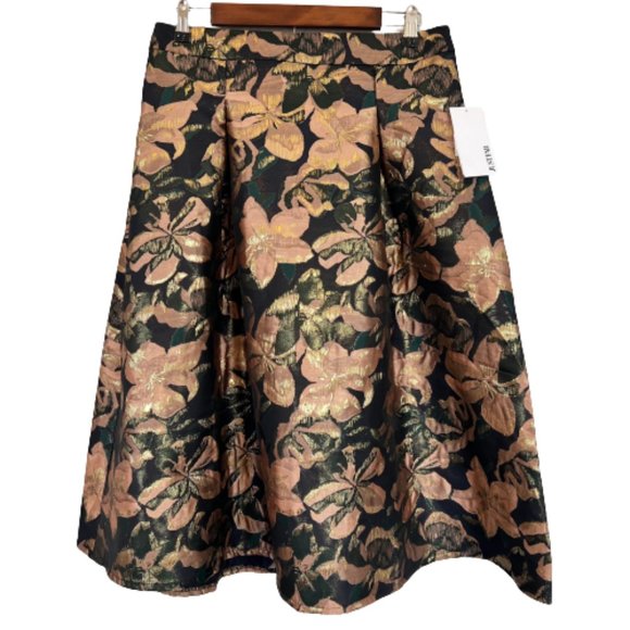 JustFab Dresses & Skirts - JustFab Golden Floral Jacquard Pleated Full Skirt Women's NEW Large NWT